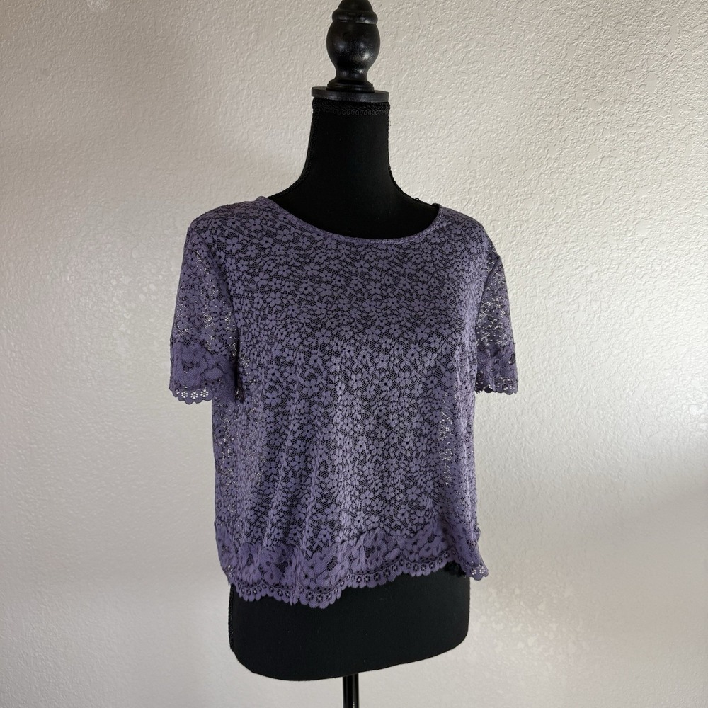 Victoria's Secret Purple Floral Lace Sheer Crop Top Deep‎ Scoop Back Sz Large